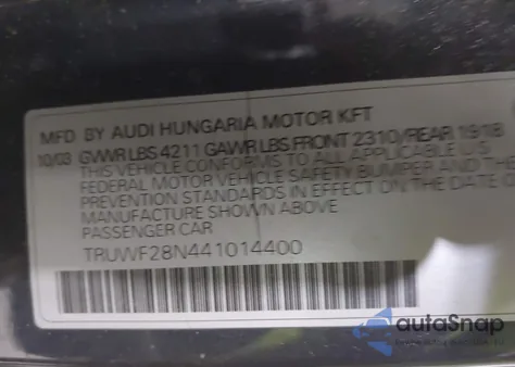 2004 Audi Tt 3.2L z USA, uszkodzony, nr VIN TRUWF28N441014400